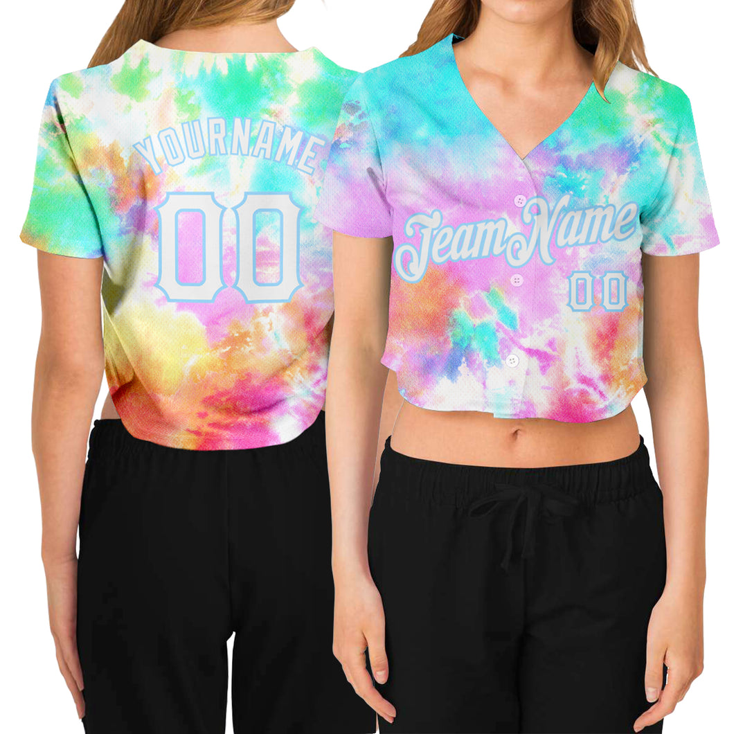 Custom Women's Tie Dye White-Light Blue Rainbow 3D V-Neck Cropped Baseball Jersey