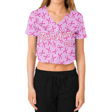 Laden Sie das Bild in den Galerie-Viewer, Custom Women&#39;s Pink White Breast Cancer 3D V-Neck Cropped Baseball Jersey
