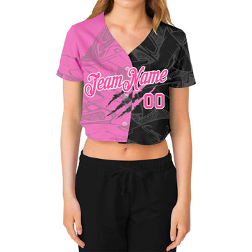 Custom Women's Graffiti Pattern Pink-White Scratch 3D V-Neck Cropped Baseball Jersey