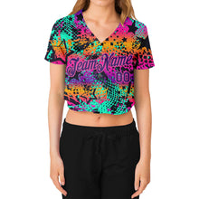 Laden Sie das Bild in den Galerie-Viewer, Custom Women&#39;s Graffiti Pattern Purple-Pink Bright Neon Colors 3D V-Neck Cropped Baseball Jersey
