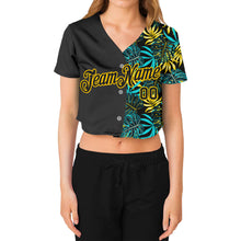 Laden Sie das Bild in den Galerie-Viewer, Custom Women&#39;s Black Black-Gold Tropical Palm Leaves 3D V-Neck Cropped Baseball Jersey
