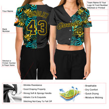 Laden Sie das Bild in den Galerie-Viewer, Custom Women&#39;s Black Black-Gold Tropical Palm Leaves 3D V-Neck Cropped Baseball Jersey
