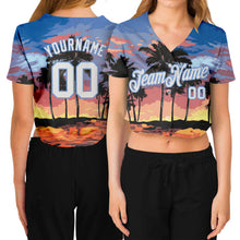 Laden Sie das Bild in den Galerie-Viewer, Custom Women&#39;s Light Blue White-Light Blue Hawaii Palm Trees 3D V-Neck Cropped Baseball Jersey
