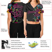 Laden Sie das Bild in den Galerie-Viewer, Custom Women&#39;s Black Black-Pink Tropical Palm Leaves 3D V-Neck Cropped Baseball Jersey
