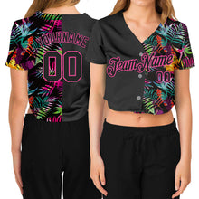 Laden Sie das Bild in den Galerie-Viewer, Custom Women&#39;s Black Black-Pink Tropical Palm Leaves 3D V-Neck Cropped Baseball Jersey
