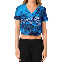 Load image into Gallery viewer, Custom Women&#39;s Graffiti Pattern Royal-White Abstract Ink Handmade Art 3D V-Neck Cropped Baseball Jersey
