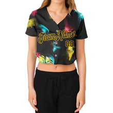 Charger l&#39;image dans la galerie, Custom Women&#39;s Graffiti Pattern Black-Gold 3D V-Neck Cropped Baseball Jersey
