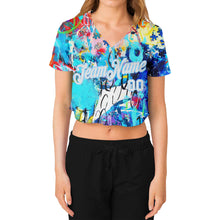 Load image into Gallery viewer, Custom Women&#39;s Graffiti Pattern White-Light Blue Multi Colored Mixed Media Art 3D V-Neck Cropped Baseball Jersey
