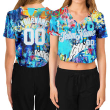 Load image into Gallery viewer, Custom Women&#39;s Graffiti Pattern White-Light Blue Multi Colored Mixed Media Art 3D V-Neck Cropped Baseball Jersey
