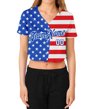 Load image into Gallery viewer, Custom Women&#39;s Royal White-Red American Flag Fashion 3D V-Neck Cropped Baseball Jersey
