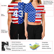 Laden Sie das Bild in den Galerie-Viewer, Custom Women&#39;s Royal White-Red American Flag Fashion 3D V-Neck Cropped Baseball Jersey
