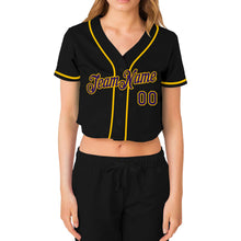 Laden Sie das Bild in den Galerie-Viewer, Custom Women&#39;s Black Purple-Gold V-Neck Cropped Baseball Jersey

