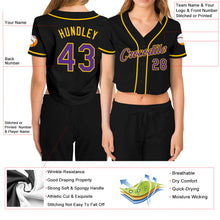Laden Sie das Bild in den Galerie-Viewer, Custom Women&#39;s Black Purple-Gold V-Neck Cropped Baseball Jersey
