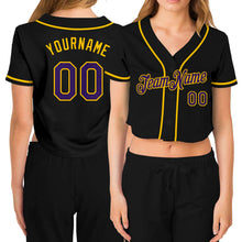 Laden Sie das Bild in den Galerie-Viewer, Custom Women&#39;s Black Purple-Gold V-Neck Cropped Baseball Jersey
