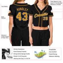 Laden Sie das Bild in den Galerie-Viewer, Custom Women&#39;s Black Gold-White V-Neck Cropped Baseball Jersey

