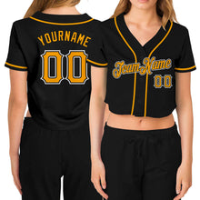 Laden Sie das Bild in den Galerie-Viewer, Custom Women&#39;s Black Gold-White V-Neck Cropped Baseball Jersey
