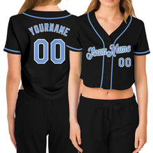 Laden Sie das Bild in den Galerie-Viewer, Custom Women&#39;s Black Light Blue-White V-Neck Cropped Baseball Jersey
