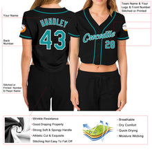 Load image into Gallery viewer, Custom Women&#39;s Black Aqua-White V-Neck Cropped Baseball Jersey
