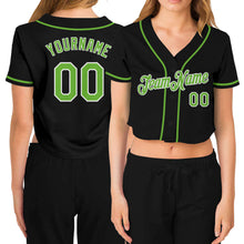 Load image into Gallery viewer, Custom Women&#39;s Black Neon Green-White V-Neck Cropped Baseball Jersey
