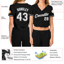 Load image into Gallery viewer, Custom Women&#39;s Black White-Gray V-Neck Cropped Baseball Jersey
