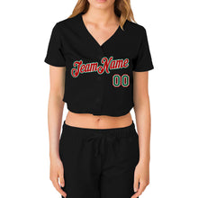 Load image into Gallery viewer, Custom Women&#39;s Black Kelly Green Red-White V-Neck Cropped Baseball Jersey
