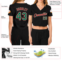 Laden Sie das Bild in den Galerie-Viewer, Custom Women&#39;s Black Kelly Green Red-White V-Neck Cropped Baseball Jersey
