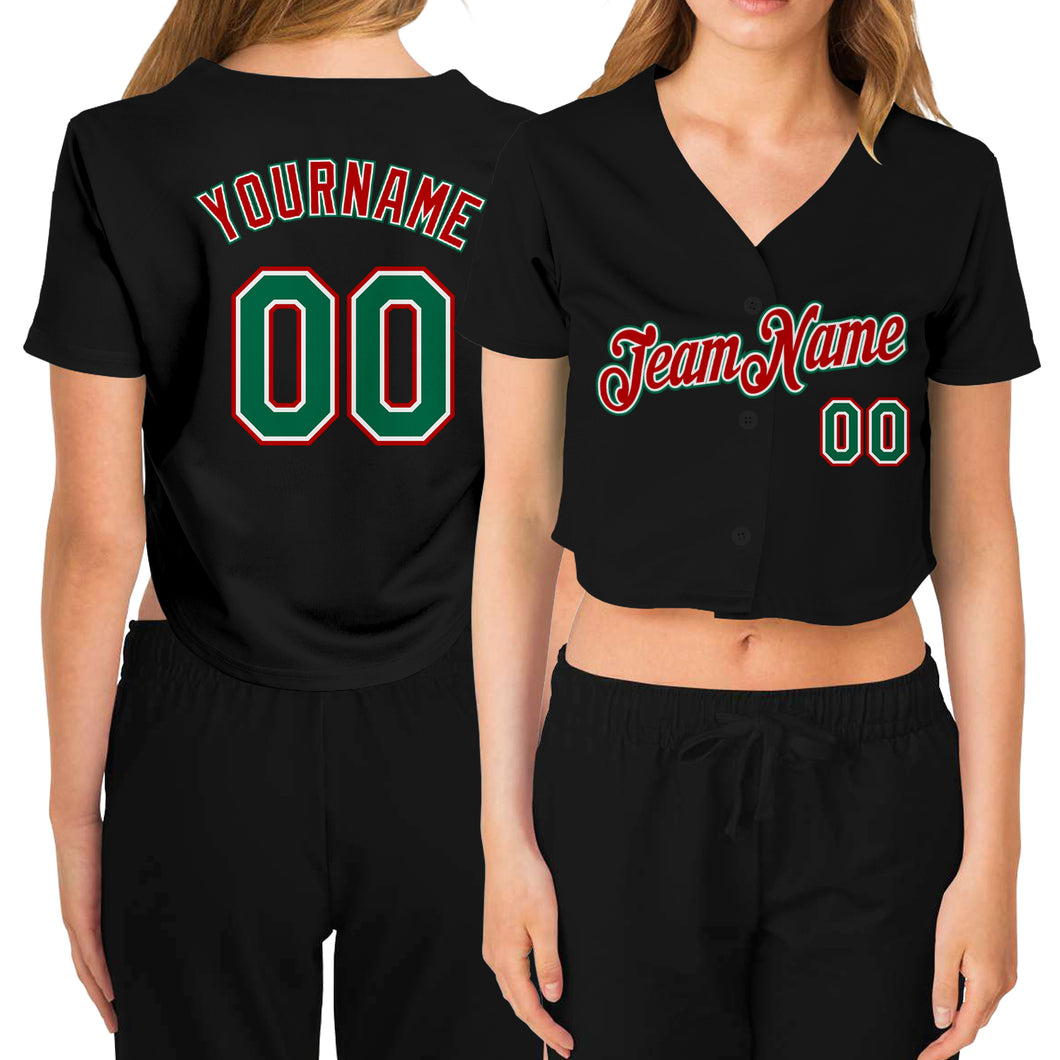 Custom Women's Black Kelly Green Red-White V-Neck Cropped Baseball Jersey