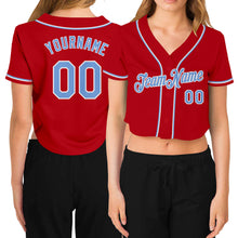 Load image into Gallery viewer, Custom Women&#39;s Red Light Blue-White V-Neck Cropped Baseball Jersey

