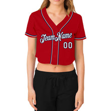 Load image into Gallery viewer, Custom Women&#39;s Red White-Navy V-Neck Cropped Baseball Jersey
