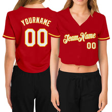 Load image into Gallery viewer, Custom Women&#39;s Red White-Gold V-Neck Cropped Baseball Jersey
