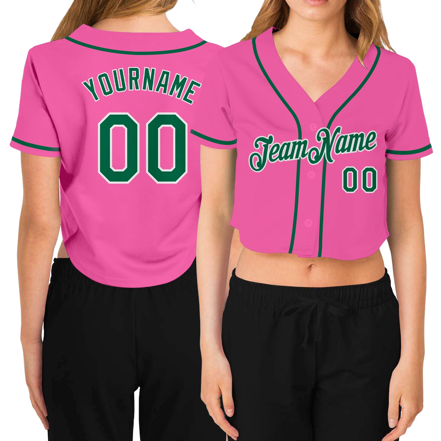 Cheap Custom Women's Pink Kelly Green-White V-Neck Cropped