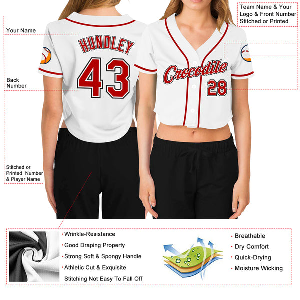 Cheap Custom Women's White Red-Black V-Neck Cropped Baseball
