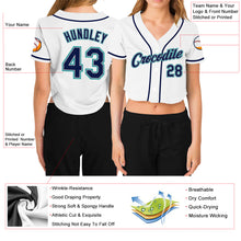 Load image into Gallery viewer, Custom Women&#39;s White Navy Gray-Aqua V-Neck Cropped Baseball Jersey
