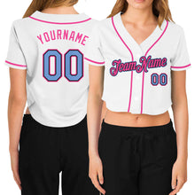Загрузить изображение в средство просмотра галереи, Custom Women&#39;s White Light Blue Black-Pink V-Neck Cropped Baseball Jersey
