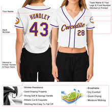 Load image into Gallery viewer, Custom Women&#39;s White Purple-Gold V-Neck Cropped Baseball Jersey
