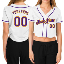 Load image into Gallery viewer, Custom Women&#39;s White Purple-Gold V-Neck Cropped Baseball Jersey
