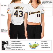 Load image into Gallery viewer, Custom Women&#39;s White Navy-Gold V-Neck Cropped Baseball Jersey
