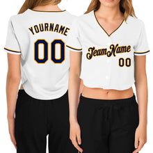 Load image into Gallery viewer, Custom Women&#39;s White Navy-Gold V-Neck Cropped Baseball Jersey
