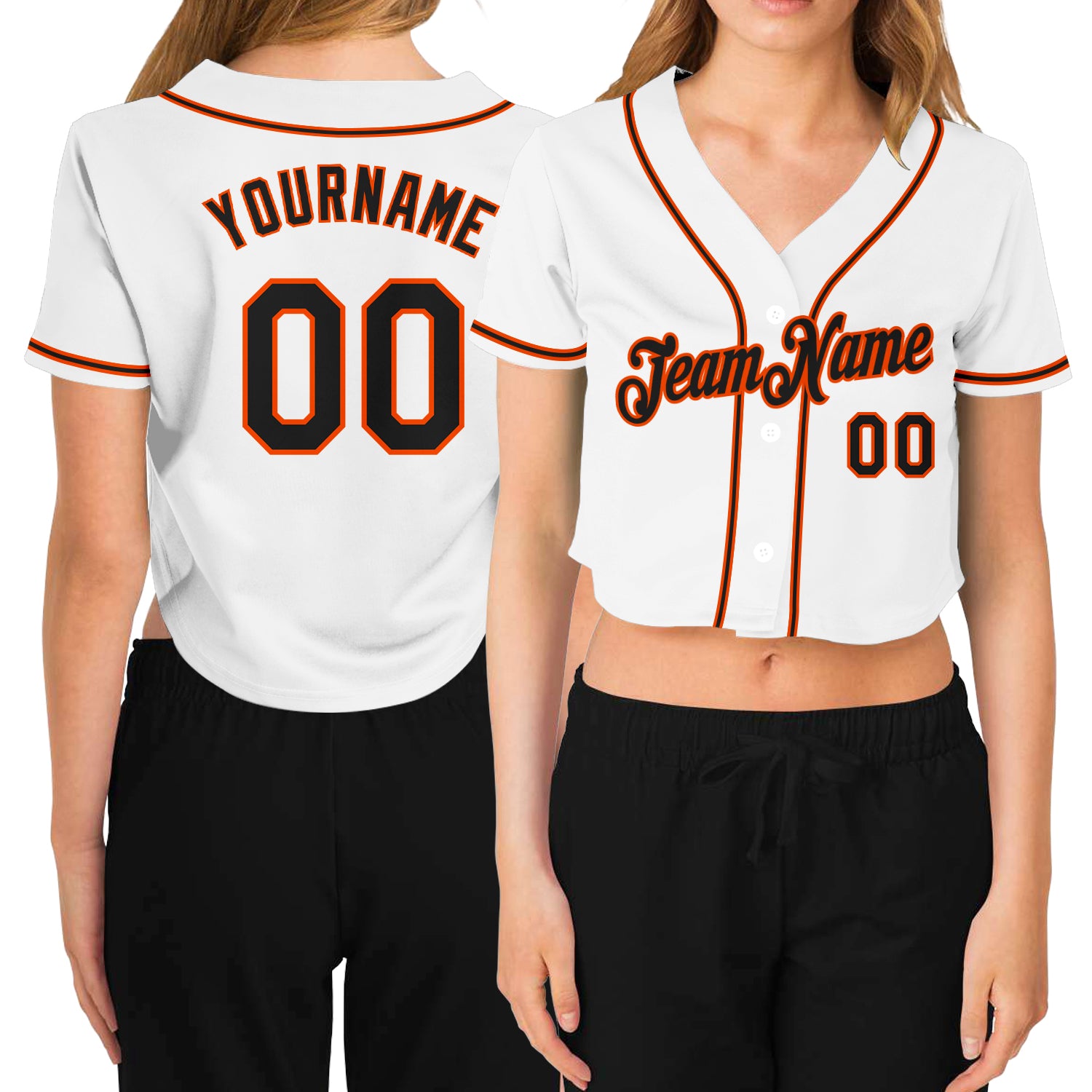 Cheap Custom Women's White Black-Orange V-Neck Cropped Baseball