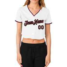 Load image into Gallery viewer, Custom Women&#39;s White Black Crimson-Cream V-Neck Cropped Baseball Jersey
