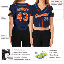 Load image into Gallery viewer, Custom Women&#39;s Navy Orange-White V-Neck Cropped Baseball Jersey
