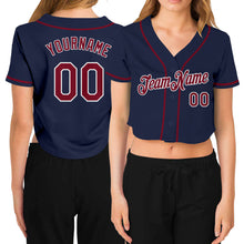 Load image into Gallery viewer, Custom Women&#39;s Navy Crimson-White V-Neck Cropped Baseball Jersey
