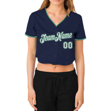 Load image into Gallery viewer, Custom Women&#39;s Navy White Kelly Green-Gray V-Neck Cropped Baseball Jersey
