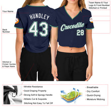 Load image into Gallery viewer, Custom Women&#39;s Navy White Kelly Green-Gray V-Neck Cropped Baseball Jersey
