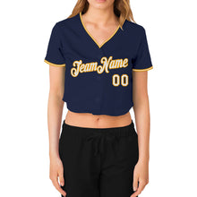 Load image into Gallery viewer, Custom Women&#39;s Navy White-Gold V-Neck Cropped Baseball Jersey
