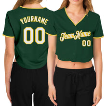 Load image into Gallery viewer, Custom Women&#39;s Green White-Gold V-Neck Cropped Baseball Jersey
