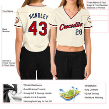 Load image into Gallery viewer, Custom Women&#39;s Cream Red-Navy V-Neck Cropped Baseball Jersey
