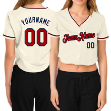 Load image into Gallery viewer, Custom Women&#39;s Cream Red-Navy V-Neck Cropped Baseball Jersey

