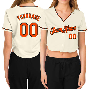 Custom Women's Cream Orange-Black V-Neck Cropped Baseball Jersey