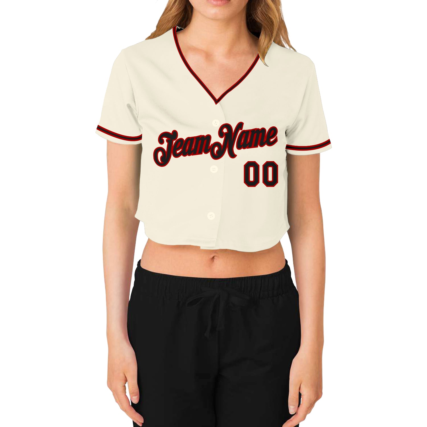 Custom Women's Cream Black-Red V-Neck Cropped Baseball Jersey Discount